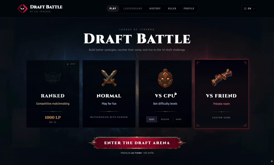 Draft Battle gameplay — League of Legends draft game on LoL Tracker